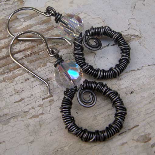 Crystal and annealed steel wire earrings w/ sterling earwires