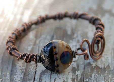 Copper bangle with lampwork by Moon Stumpp