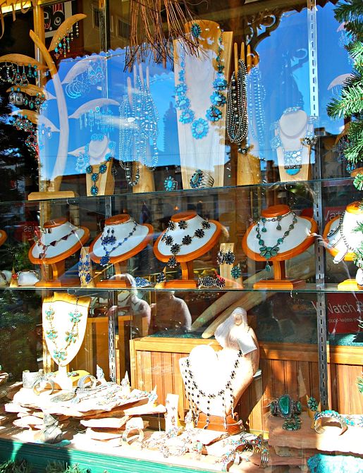 Turquoise jewelry in a shop window, Fredericksburg TX